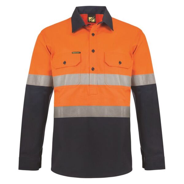 Mens Hi Vis Half Placket Cotton Drill Shirt Semi Gusset Sleeves CSR Reflective Tape Thumbnail